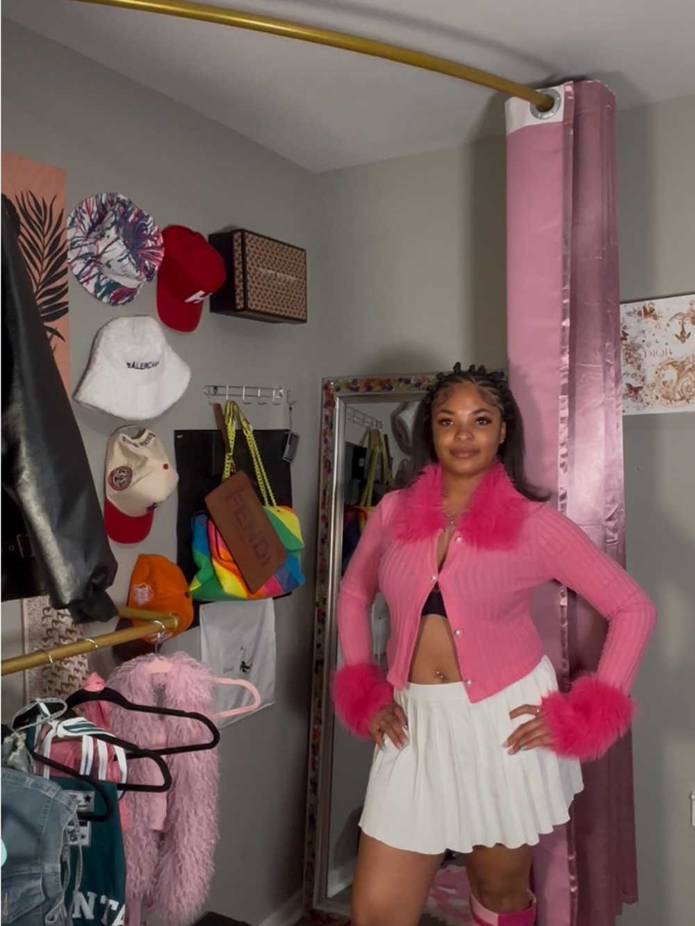 Pink Faux-Fur Trim Ribbed Button Cardigan Jacket Set